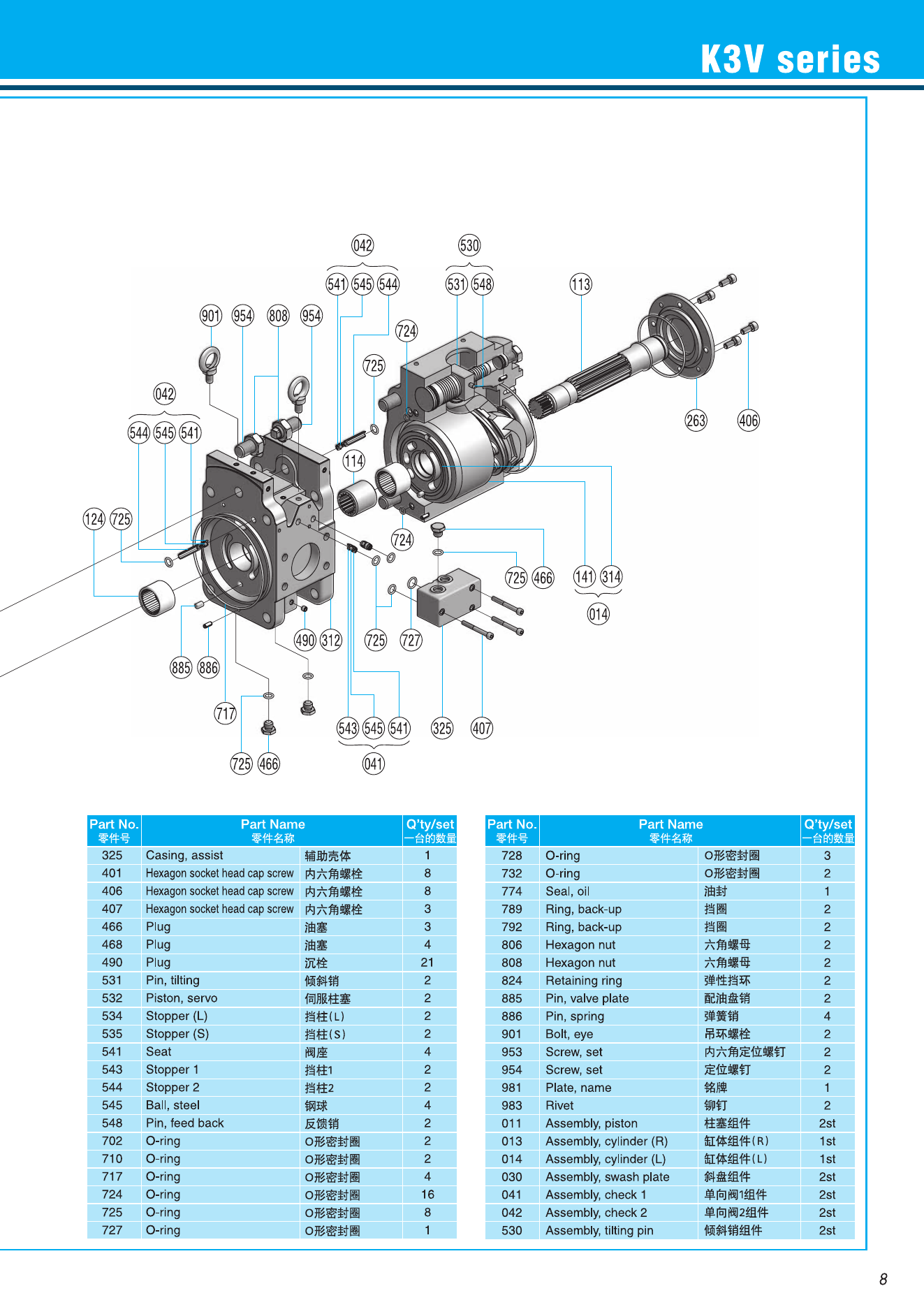 Kawasaki K3V112DT — взрыв-схема заднего узла