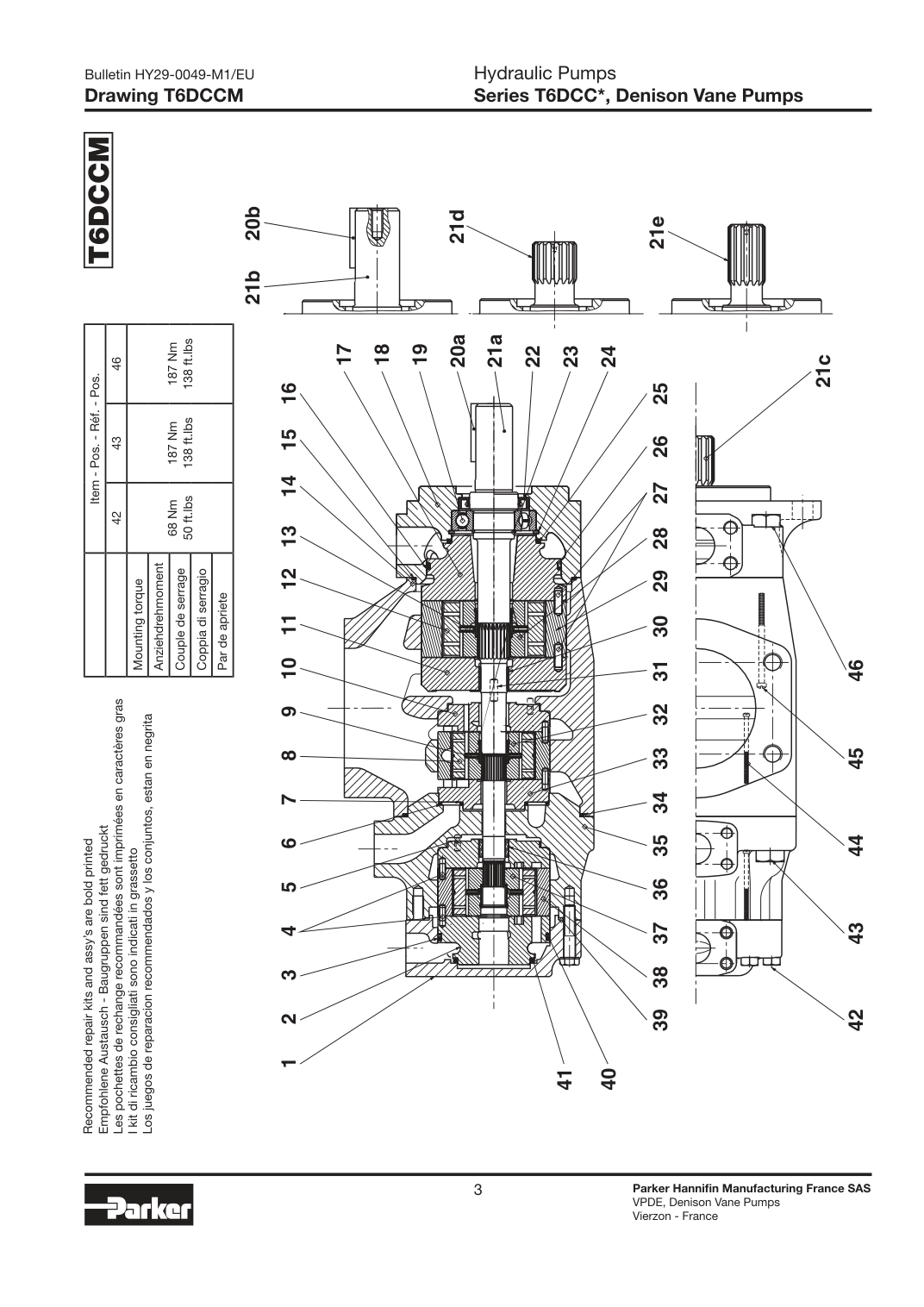 Parker Denison T6DCCM — позиции уплотнений
