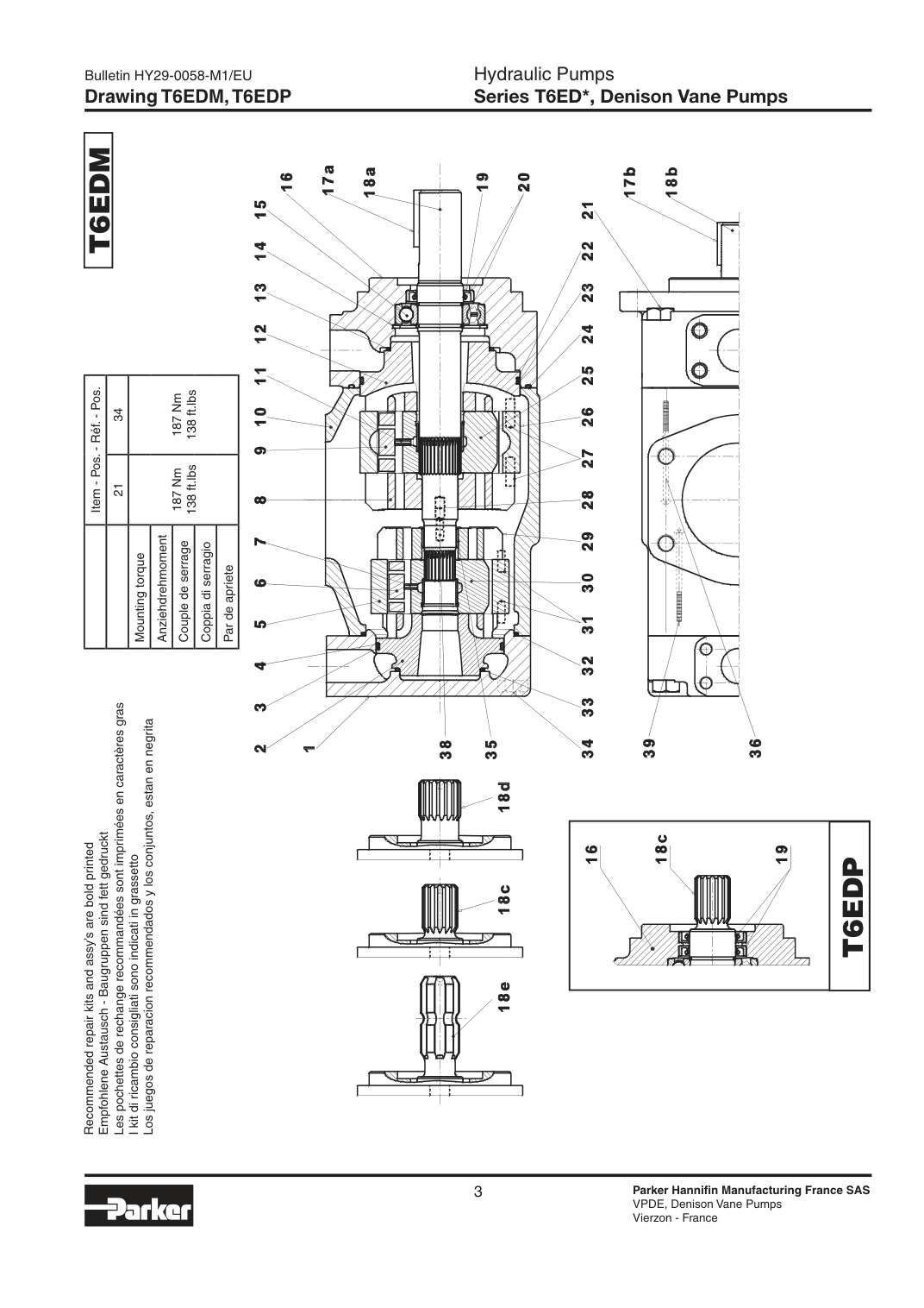 Parker Denison T6EDM/T6EDP — позиции уплотнений