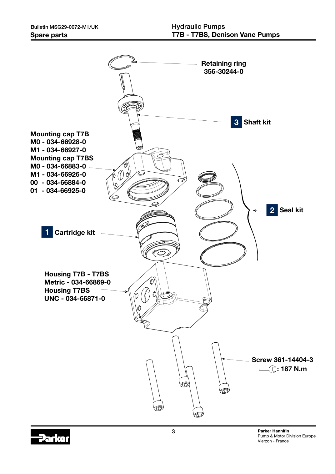 Parker Denison T7B/T7BS — позиция комплекта уплотнений